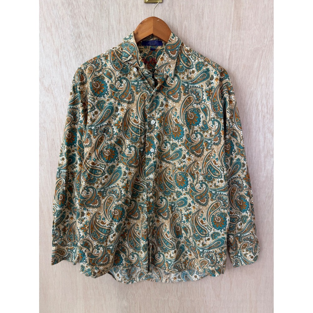 Alan Flusser Mens Large Paisley Cotton Button Down Shirt Long Sleeve Teal Gold